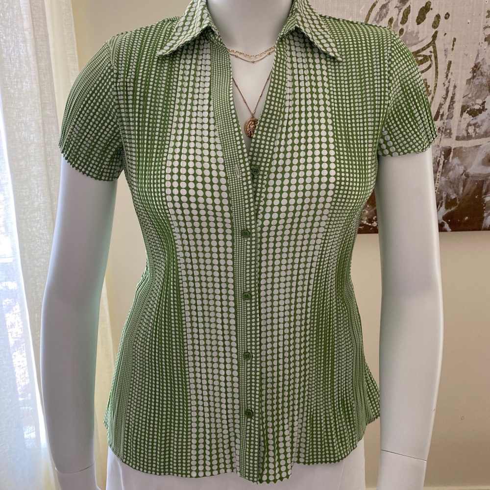 Green and white pleated polka dot button down!